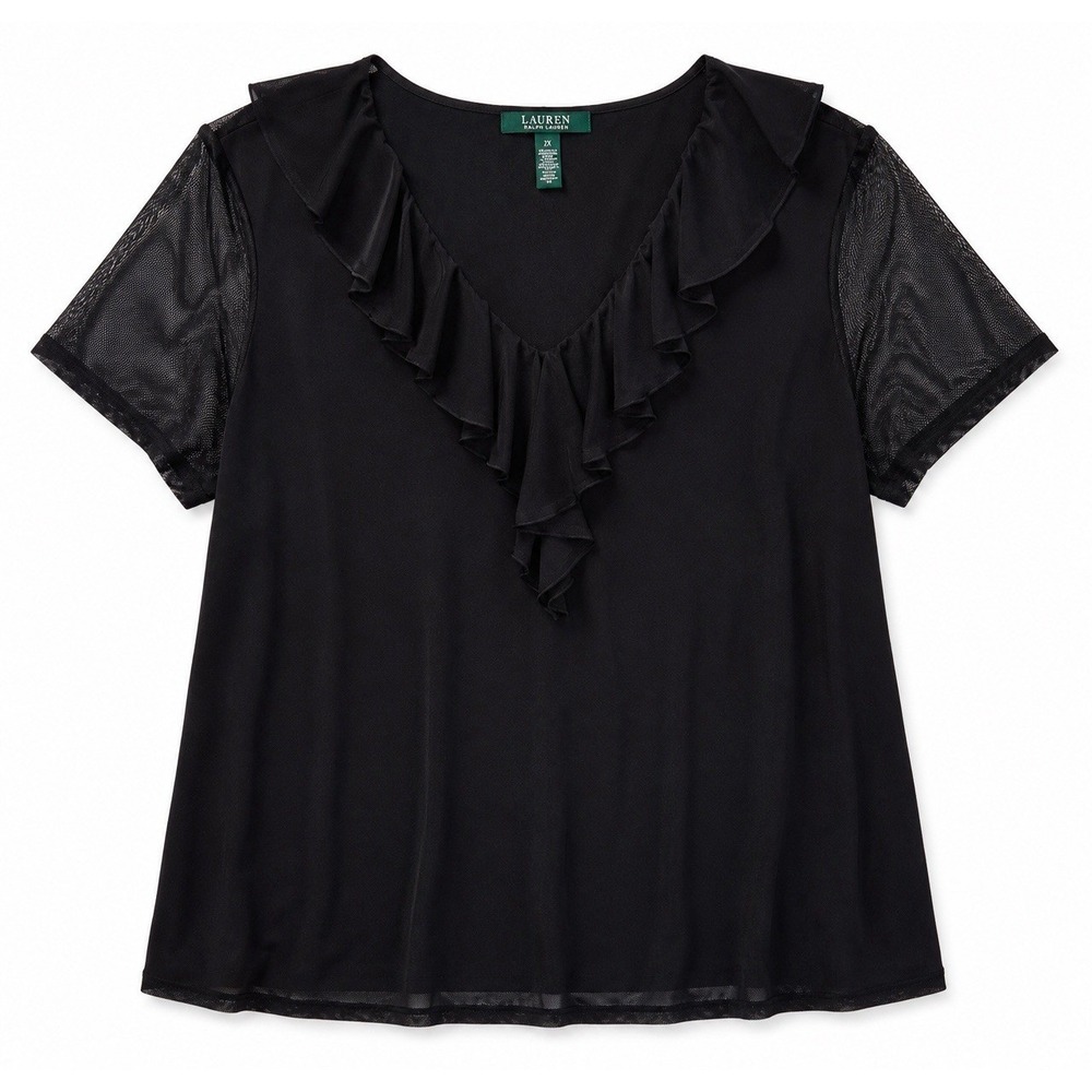 Lauren Ralph Lauren Womens 2X Black Mesh Ruffle V-Neck Short Sleeve Blouse Top